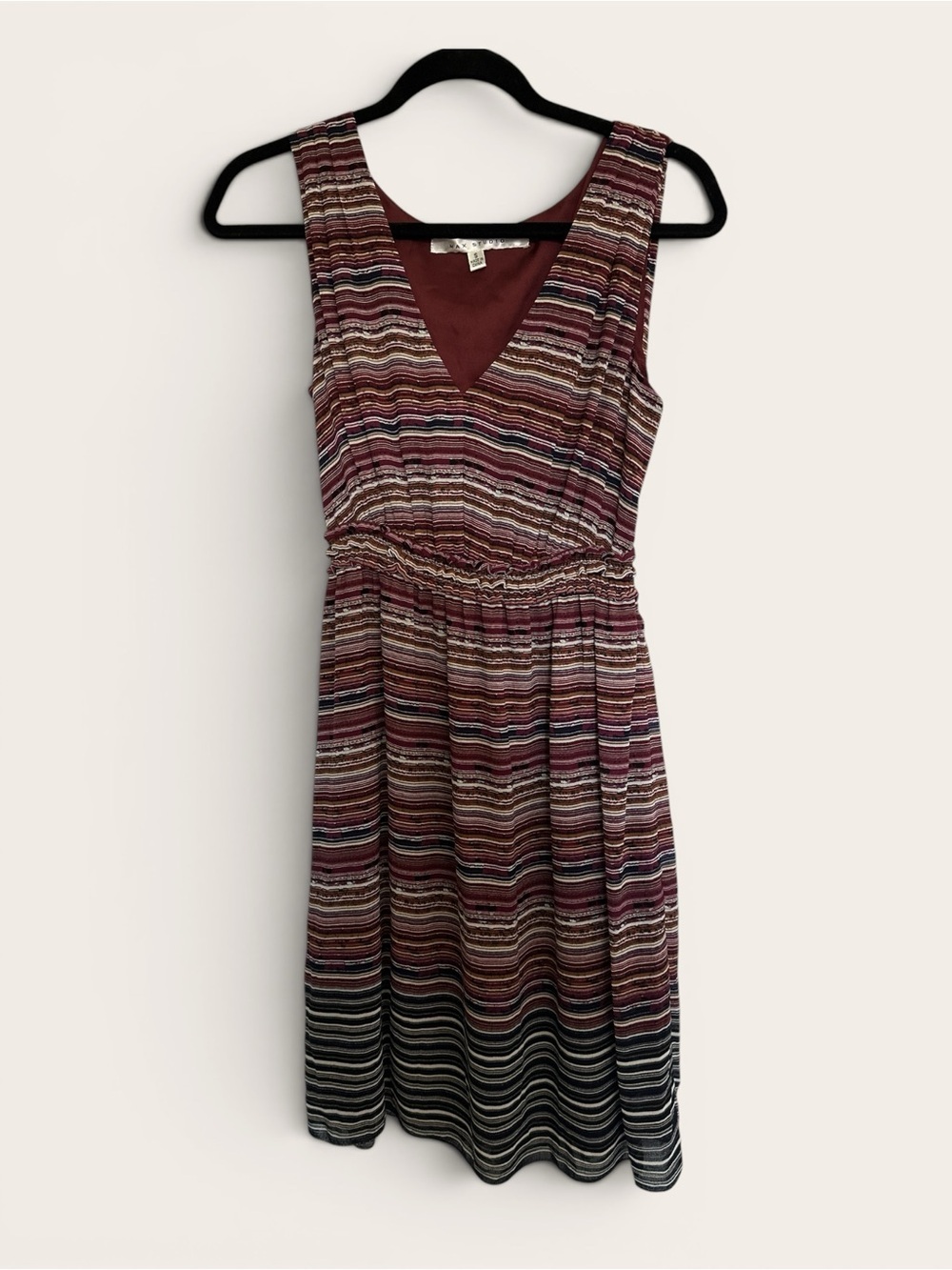Striped V-Neck Sleeveless Dress in Burgundy and Black